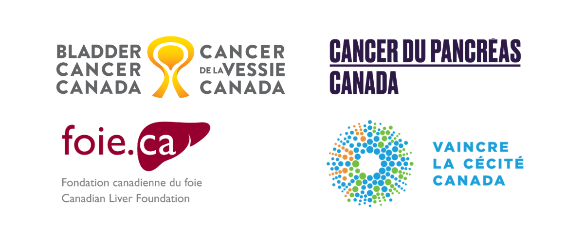 Logos des organisations Cancer de la vessie Canada, Cancer du Pancréas Canada, la Fondation canadienne du foie et Vaincre la cécité Canada