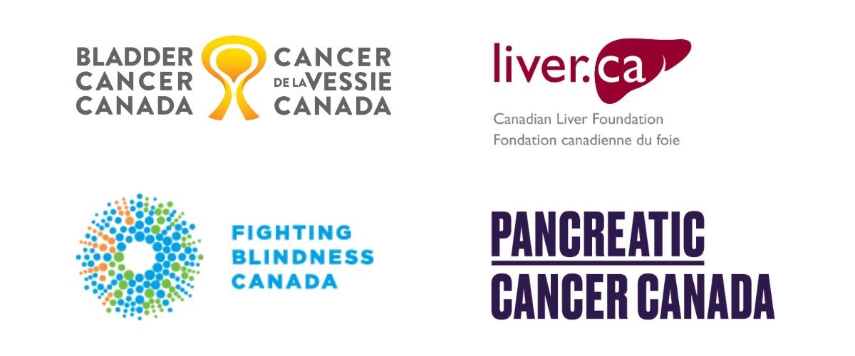 Logos of patient organizations Bladder Cancer Canada, the Canadian Liver Foundation, Fighting Blindness Canada, and Pancreatic Cancer Canada